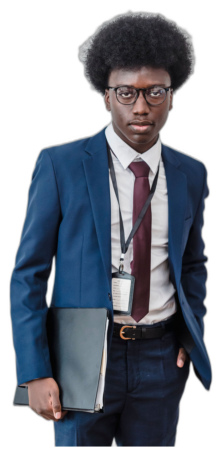 Healthcare administrator holding a folder and wearing a staff badge