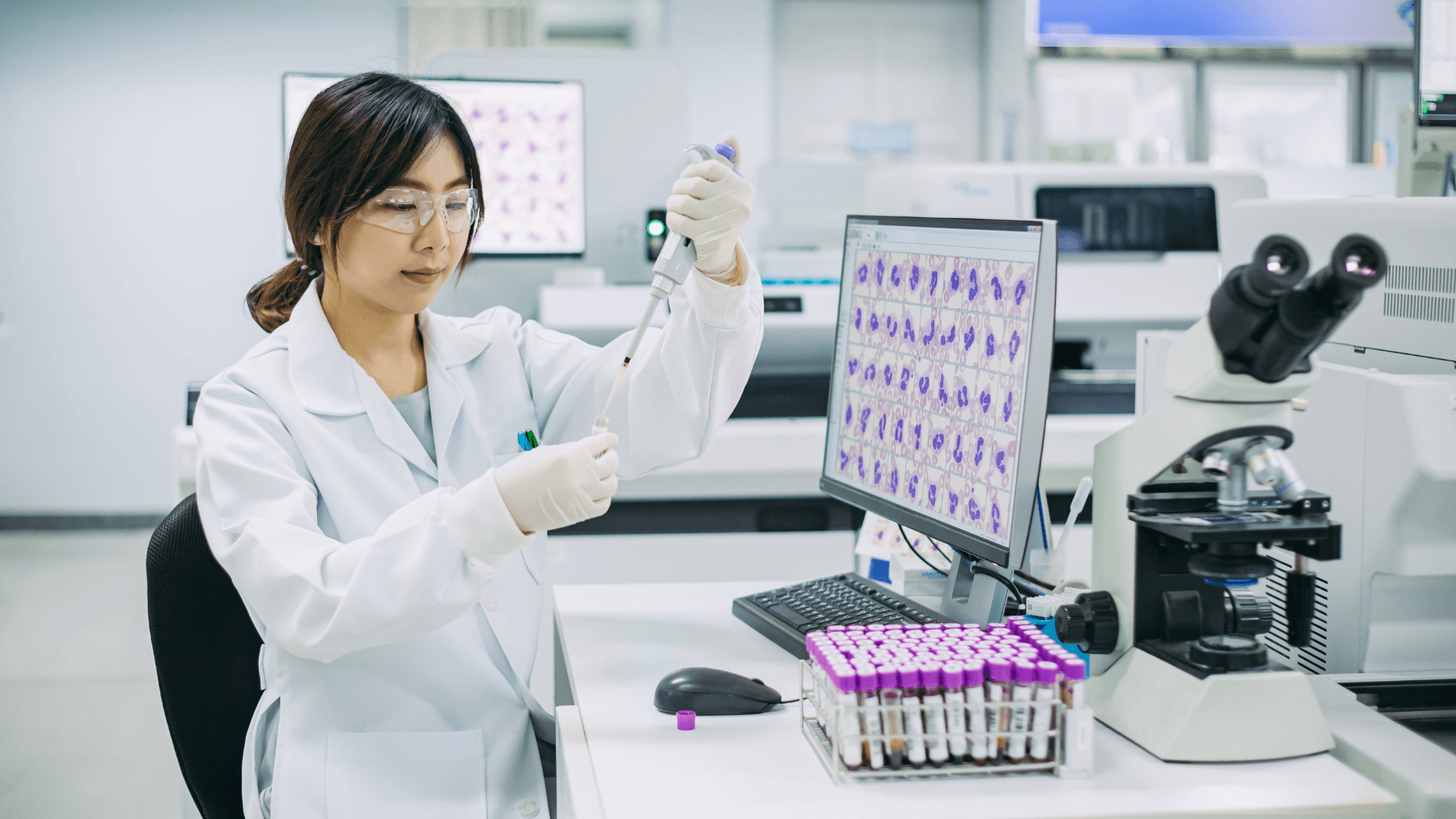 Medical laboratory technologist loading samples into an analyser